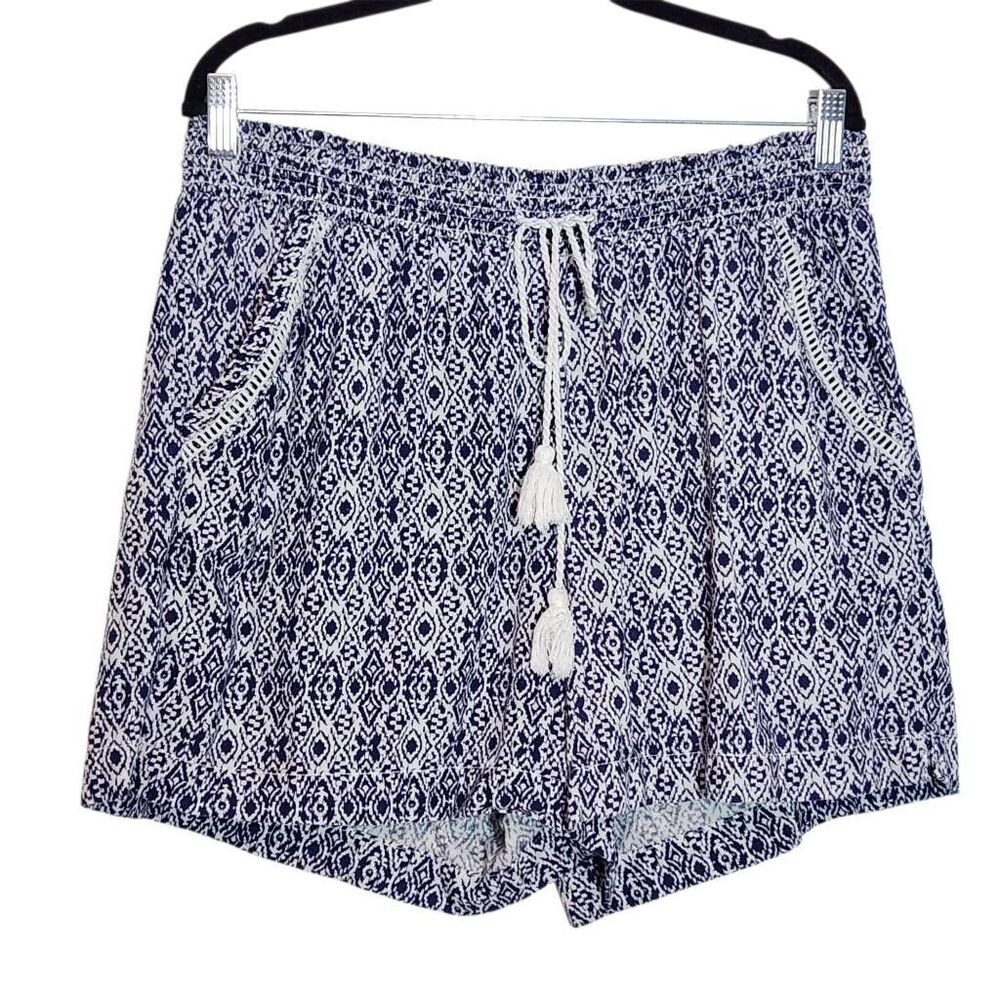 Briggs Navy White Linen Pull-On Shorts Size XL Aztec Print Boho Summer Shorts
